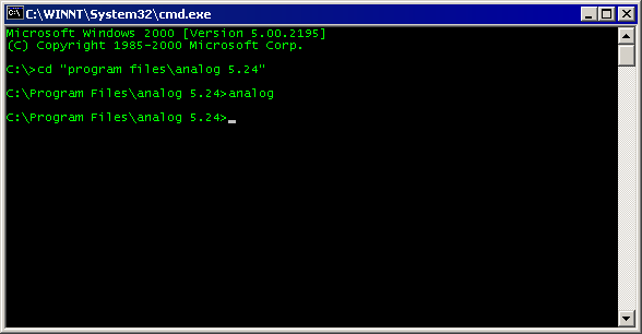 analog should run and exit without writing anything to your screen, and drop you back at your command prompt