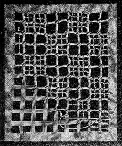 FIG. 101. LATTICE-GROUND FOR SQUARE
IN FIG. 105, SHOWING THE COURSE
OF THE STITCHES.