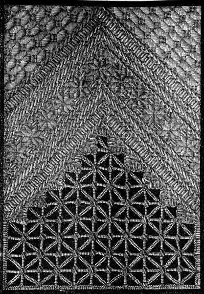 FIG. 104.

LATTICE-GROUND AND DAMASK STITCH FOR
SQUARE, FIG. 105.