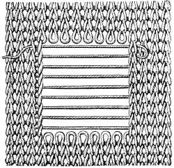FIG. 371.
DARNING ON THREADS STRETCHED
HORIZONTALLY.
POSITION OF THE HORIZONTAL THREADS.