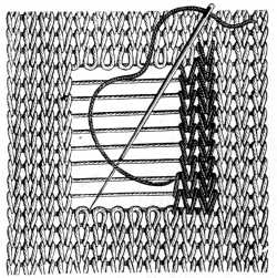 FIG. 372.
DARNING ON THREADS STRETCHED
HORIZONTALLY.
HOW TO COVER THE HORIZONTAL THREADS.