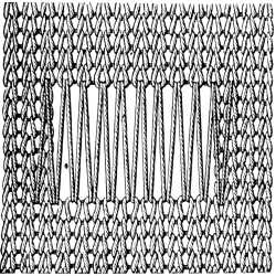 FIG. 373. DARNING ON THREADS STRETCHED
OBLIQUELY ACROSS.
POSITION OF THE THREADS.