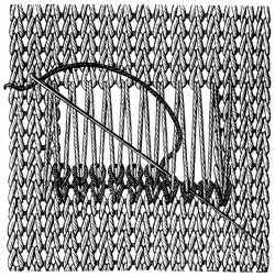 FIG. 374. DARNING ON THREADS STRETCHED
OBLIQUELY ACROSS.
HOW TO COVER THE OBLIQUE THREADS.