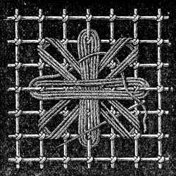 FIG. 644.
STAR FORMED OF LOOSE THREADS.
LAYING THE UPPER THREADS.