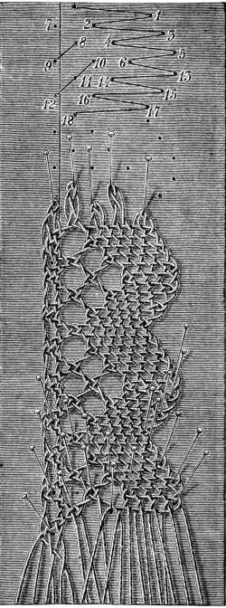 FIG. 799.
LACE WITH TORCHON GROUND AND
EDGE IN NET GROUND.