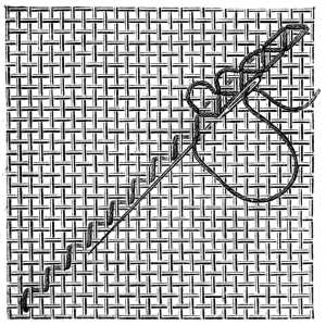 FIG. 855. TRIANGULAR TURKISH STITCH
WORKED DIAGONALLY.
FIRST JOURNEY COMPLETED AND SECOND
BACK, BEGUN.