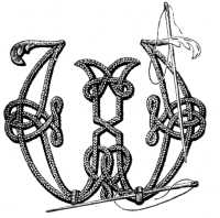 FIG. 881.
LETTER W OF THE
ALPHABET IN SOUTACHE.
MODE OF PLACING THE
BARS AND EMBROIDERING
THE LEAVES.