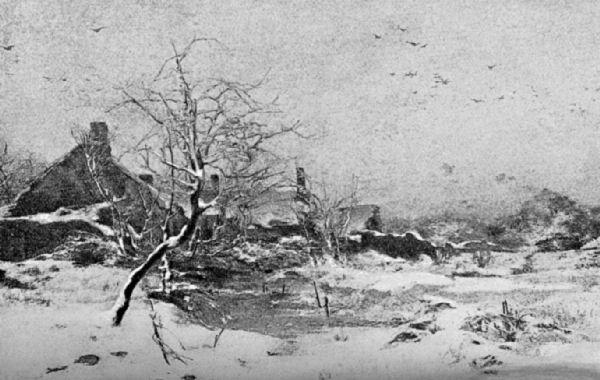 Some cottages can be seen to the left of a snow covered landscape. A tree,
bare of leaves and covered with snow stands to the left of the foreground.