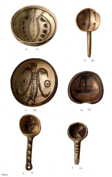 PL. CXXXIII—
BOWLS AND DIPPERS WITH FIGURES OF TADPOLES, BIRDS, ETC. FROM SIKYATKI