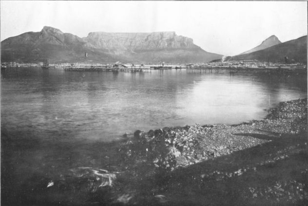 CAPE TOWN, DEVIL'S PEAK, TABLE MOUNTAIN, AND LION'S HEAD FROM TABLE BAY.