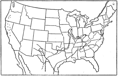 Fig. 1. Approximate Pecan areas. Native areas within
solid line. Cultural area within dotted line.