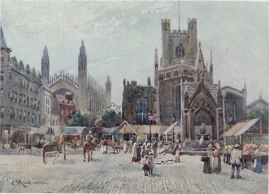 MARKET SQUARE

This picture represents what is called Half Market, which takes place on
Wednesday. Market day, properly speaking, is on Saturday, when the
square is filled with stalls. The church is Great St. Mary’s, and King’s
College Chapel is seen in the distance on the left.