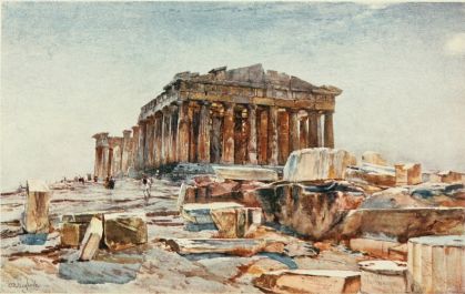 THE PARTHENON FROM THE PROPYLÆA (EARLY MORNING)

The pale golden light on the architraves within the Posticum is
reflected from the east side of the west front of the Temple. The
scarped rock to the right is the boundary of the precinct of Artemis
Brauronia. The drum of a column in the right-hand corner of the drawing
represents the southernmost column of the eastern portico of the
Propylæa. For obvious artistic reasons the whole column could not be
included in the drawing. The pedestal before the column is that of the
statue of Athene Hygieia by the sculptor Pyrrhos. Two or three paces in
front of it are the remains of a large free-standing altar.