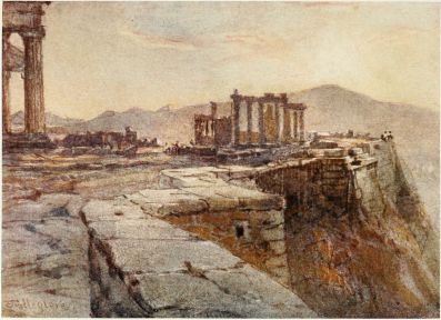 SUNSET FROM THE NORTH-EAST CORNER OF THE ACROPOLIS

To the left, a bit of the east front of the Parthenon; to the right, the
precipitous north side of the Acropolis; in the middle distance the
Erechtheum, showing all three of its porticoes; in shadow, between the
Parthenon and the Erechtheum, the upper part of the Propylæa