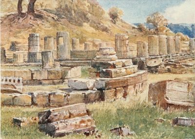 OLYMPIA. THE BASE OF THE KRONOS HILL, WITH THE REMAINS OF
THE TEMPLE OF HERA AND THE PHILIPPEION

At the foot of the hill, the columns of the north, south, and west sides
of the Heræon still in situ are clearly shown, and also the cella wall
on the west and south. The remains of the Philippeion, a circular
building erected by Philip II. of Macedon (circ. 336 B.C.), are in the
foreground, to the west of the Heræon. The base of one of the Ionic
columns is in its place, and the marble steps which supported the
colonnade are connected by a slab of marble with the circular
sub-structure of the central mass of the building.