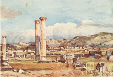 OLYMPIA. THE PALÆSTRA AND REMAINS OF THE TEMPLE OF ZEUS

This view is taken from the western side of the Palæstra, and the
standing columns in the foreground are part of the southern colonnade of
that building. The platform (Krepidoma) of the great Temple (which was
raised upon a mound and occupied the highest point of the Altis or
sacred enclosure) is in the centre of the drawing. Many of the colossal
drums and other architectural members of the Temple lie scattered about
on the platform. Across the valley of the Alpheios are seen the Phellon
Mountains, topped by splendid masses of cloud. This drawing is a record
of a lovely spring day in the Western Peloponnesus.