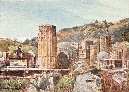 THE TEMPLE OF HERA AT OLYMPIA

A portion of the west front of the Temple, which stood upon a platform
with two steps, is shown. Two columns on the east side and six on the
north are seen in situ. These columns vary in size to a surprising
extent. One of the enormous capitals, tilted up and standing upon the
head of its abacus, should be noticed, behind the tall column in the
centre of the drawing. The hill at the back of the Temple is the one to
the west of the river Kladeos. In this Temple, said to be the most
ancient in Greece, was found the Hermes of Praxiteles, the only extant
work of sculpture of the finest period known to be from the chisel of a
great master.