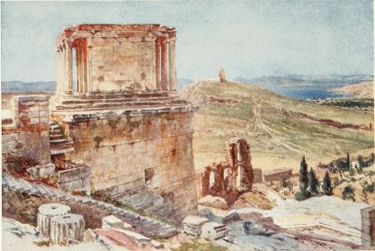 THE BASTION AND TEMPLE OF WINGLESS VICTORY VIEWED FROM
THE ASCENT TO THE PROPYLÆA (EARLY MORNING)

The northern face of the great Bastion or outwork of squared masonry,
which guards the ascent to the Acropolis at its south-western point,
occupies the left-hand half of the drawing. This Bastion is capped by a
cornice of Pentelic marble, upon which formerly stood the famous parapet
adorned with figures of winged Victories sculptured in low relief. The
three steps of the exquisite little Temple would, therefore, originally
have been hidden from view. Just below are the steps, still in situ,
belonging to the stairs which ascended to the platform of the Temple.
The pedestal, above the anta beside these stairs, supported a statue
of one of the leaders of the Athenian Cavalry. The long flight of the
steps, passing transversely across the drawing, is the modern ascent to
the Propylæa. Far below, near the foot of the Acropolis, some of the
upper arches of the massive façade of the theatre of Herodes Atticus
rise into view; and, to the right, the scathed surface of the Museion
Hill, with the monument of Philopappus on its top, slopes away from the
eye in subtle curves. Farther to the right is the Bay of Phaleron and
(closing the landscape above) the clearly seen ranges of the mountains
of Argolis.