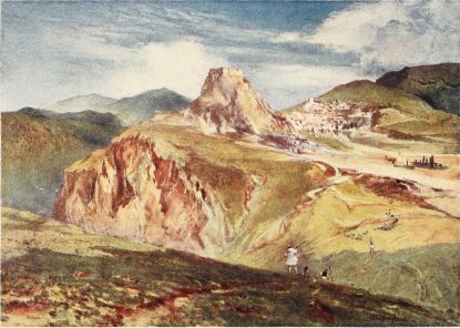 THE CASTLE OF KARYTÆNA, IN ARCADIA

This is one of the most romantic scenes in the Peloponnesus, and is
aptly quoted by Curtius as no less characteristic of mediæval Greece
than Tiryns and Mycenæ are of the prehistoric age. The Castle covers the
summit of a free-standing mass of rock, rising up into the air (almost
like the central tower of a great English Cathedral) above a gorge with
precipitous red cliffs. To the right of the Castle lies the modern
town.