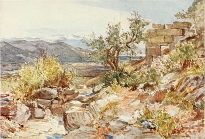 THE LACONIAN GATE OF MESSENE

The roadway coming up from the monastery of Vourkano to the village of
Mavromati divides the foreground of the scene. In the middle distance we
have before us the luxuriant valley of the Pamisus, and, in the far
distance, the lofty upper ranges of Taÿgetus covered with snow. Under
the boughs of the graceful olive, which flanks the finely squared
masonry of the ruined gateway, we catch a glimpse of the gulf of
Messene. The freshness and purity of colour of an April day in Southern
Peloponnesus has here been happily caught.