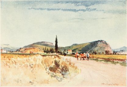 NAUPLIA AND TIRYNS FROM THE ROAD TO ARGOS

The great headland to the right, crowned by the fortress of Palamidi,
overlooks the town of Nauplia. The golden-brown hill to the left is the
ancient acropolis or fortress of Tiryns, the exploration of which by Dr.
Schliemann was an event of hardly less importance than his famous
discoveries at Mycenæ.