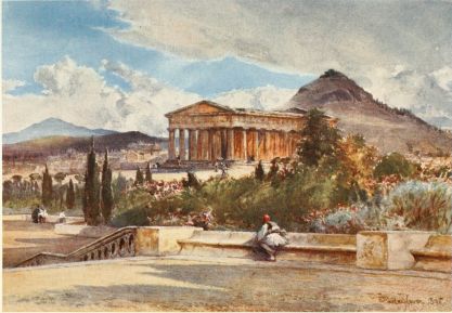 THE TEMPLE OF THESEUS FROM THE SOUTH-WEST

The mountain dominating the Temple, to the right (east), is Lycabettos;
the distant mountain to the left is Pentelikon.