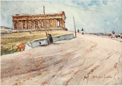 THE TEMPLE OF THESEUS FROM THE NORTH-WEST (MORNING LIGHT)

This drawing shows very well the seating of the Temple on its site,
Kolonos Agoraios&mdash;the Market Hill.