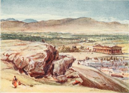 THE AREOPAGUS AND THE THESEUM

The craggy mass to the left is the Areopagus (Mars Hill), with the cleft
of the Eumenides. Behind the Temple of Theseus stretch the famous olive
groves of Athens, nourished by the water of the subterranean Kephissus.
The mountain range is that of Ægaleos, with the Pass of Daphni.