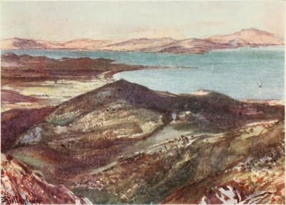 THE BATTLE-FIELD OF MARATHON, FROM MOUNT PENTELIKON

The plain of Marathon and the long spit of Kynosura are well shown; but
the sickle shape of the famous bay is obscured by the intervening summit
of Mount Agrieliki. Across the blue gulf of Petali we see the splendid
chain of the Eubœan Mountains.