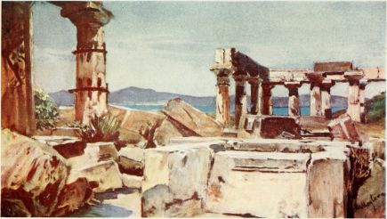 THE TEMPLE OF ATHENA ON THE ISLAND OF ÆGINA

The Temple, which is magnificently situated on the top of one of the
hills near Mount Elias, in the southern part of the island, looks
eastward towards Cape Colonna, over the blue waters of the Saronic Gulf.
The coast seen above the sea is part of the west coast of Attica running
down to Sunium. The drawing includes five out of the six columns of the
east front of the Temple, and five out of the twelve columns of the
north side, also two columns of the pronaos, together with the
architraves. These columns are of limestone, still partly covered with
their marble stucco.