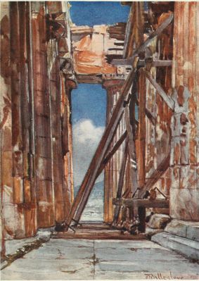 THE WESTERN PORTICO OF THE PARTHENON FROM THE SOUTH

The timber scaffolding, here shown, has been erected for the purpose of
examining the condition of the architrave supporting the western frieze.
The columns to the right are those of the inner row. The marvellous way
in which the marble of the Parthenon takes colour is in no way
exaggerated in this drawing. The second column of the northern peristyle
(the column across which one of the beams of the scaffolding passes
transversely) should be specially noticed. The time of day is towards
noon.