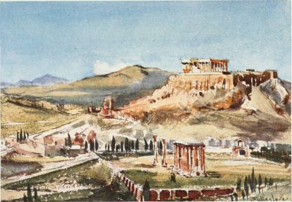 THE ACROPOLIS AND THE TEMPLE OF OLYMPIAN ZEUS, FROM THE
HILL ARDETTOS

The boundary wall of the enclosure (temenos) of the Temple is very
clearly marked. The clustered group of lofty columns is the remains of
the south-east corner of the Temple itself. North-west of them is the
Arch of Hadrian. The walls of the Acropolis make a splendid contrast to
the rugged bosses of the rocks which support them. The Parthenon above
is seen almost down to the stylobate, and masses finely from this point
of view. The mountains are those of Daphni.