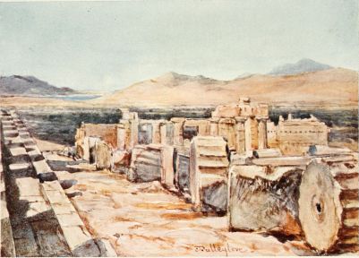 THE PROPYLÆA FROM THE NORTHERN EDGE OF THE PLATFORM
(STYLOBATE) OF THE PARTHENON

The steps of the stylobate below run in perspective along the left-hand
side of the drawing. Over the drums of the fallen columns of the
Parthenon, which strew the ground to the right, we see the whole east
side of the Propylæa; above it are the olive groves of the Kephissus and
the mountains of Daphni, with a glimpse of the Bay of Salamis.