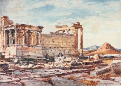 THE SOUTHERN SIDE OF THE ERECHTHEUM, WITH THE FOUNDATIONS
OF THE EARLIER TEMPLE OF ATHENA POLIAS

The Caryatid portico and south wall of the Erechtheum show very delicate
opalescent colours, due chiefly to reflected light from the large slabs
and drums of marble lying on the ground north of the Parthenon. The dark
Caryatid is a terra-cotta substitute for the original, one of the
greatest treasures of the British Museum. The sub-structures in the
foreground are the foundations of the archaic Temple; to the right, in
the background, Pentelikon, and, in front of it, Lycabettos brilliantly
illuminated by the setting sun.