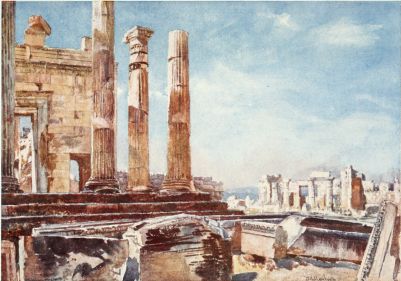 THE NORTHERN PORTICO OF THE ERECHTHEUM

Four out of the six pillars of the portico appear in this drawing, which
includes not only the great doorway so famous for its beauty and for the
interesting problems it has given rise to, but also the small doorway
leading to the Pandroseion. The rough masonry behind the two right-hand
columns is the great wall below the site of the archaic temple of Athena
Polias. To the right of the drawing we have the east portico and part of
the north wing of the Propylæa.