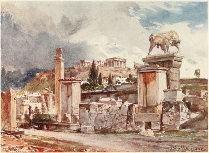 THE STREET OF TOMBS OUTSIDE THE DIPYLON (GATE) AT ATHENS

One of the most remarkable tombs is that surmounted by a colossal bull
in the act of charging. This statue has undergone a good deal of
restoration, but it is a singularly effective piece of work when seen
relieved against the sky in such a climate as that of Athens. Between
this tomb and the tall shaft (stelé) surmounted by an acroterion we get
a view of the Parthenon, with a storm approaching from the East.