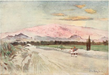 ATHENS FROM THE ROAD TO ELEUSIS

The hills running across the middle distance are a portion of the chain
which divides the Attic plain into its two main parts. To the left we
have the picturesque outline of Lycabettos, then the rolling hills above
the Ilissus, next the rectangular form of the Acropolis, and to the
right the Museion or Philopappus Hill. Behind this chain of hills and
rocky eminences arises the great mass of Mount Hymettos.