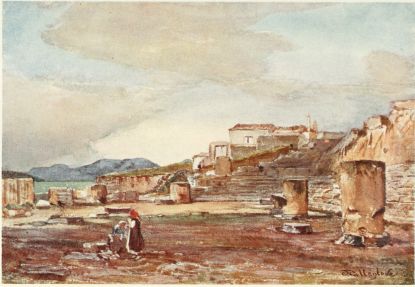 THE HALL OF THE GREAT TEMPLE OF THE MYSTERIES, ELEUSIS

In the distance is the island of Salamis, looking on the Bay of Eleusis.
In the foreground are remains of shafts of columns which supported an
upper story over the Great Hall.