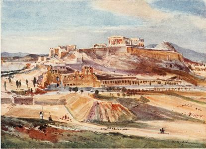 THE ACROPOLIS FROM THE BASE OF THE PHILOPAPPUS HILL

Over the talus of the débris from the excavations on the south side of
the Acropolis we see the front of the Theatre of Herodes Atticus, with
the long portico connecting it with the Theatre of Dionysos. On the
Acropolis itself, if we proceed from left to right, are Beulé’s gate,
the Propylæa and neighbouring remains, the Erechtheum and the Parthenon.
Towering above the east end of the Acropolis is Lycabettos, with the
chapel on its summit catching the sunlight. This drawing is intended to
convey some idea of the glitter of sunlight upon the splendid series of
marble temples and monuments of the Athenian Acropolis.