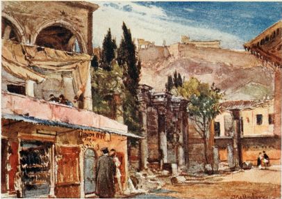 THE STOA OF HADRIAN AT ATHENS

The remains visible are part of the western side of the Stoa (exterior),
including the one remaining pillar of the entrance porch. Above we have
part of the north side of the Acropolis.