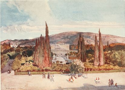 THE SQUARE IN FRONT OF THE KING’S PALACE AT ATHENS

Mount Hymettos behind and the dust-laden cypress trees in front of the
Palace, ruddy in the last rays of a June sunset.