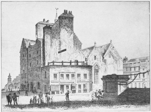 The Old Tolbooth of Edinburgh, showing the beam upon
which criminals were executed.

(From a Drawing by D. Somerville.)