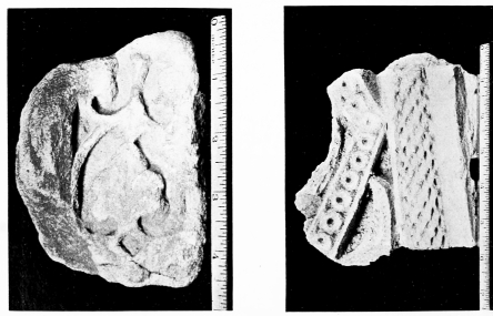 Fig. 157.—SÂMARRÂ, BEIT EL KHALÎFAH, FRAGMENT OF
RINCEAUX WORKED IN MARBLE.