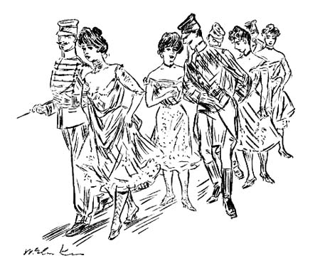 A flock of girls, each escorted by a young
man, generally an officer