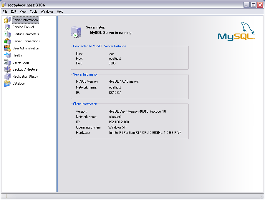 Головне вікно
            MySQL Administrator
