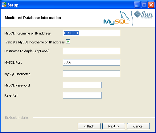 MySQL Enterprise Monitor: Windows での
              Agent のインストール:
              監視対象データベースの情報