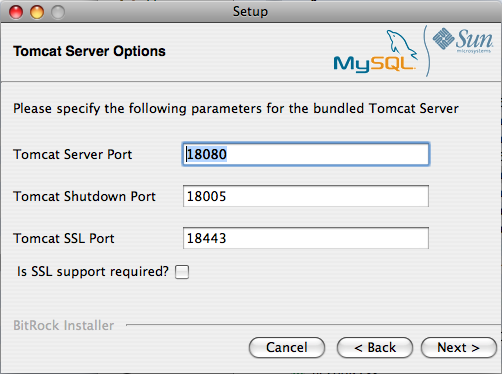 MySQL Enterprise Monitor: OS X での
              Monitor のインストール: Tomcat Server
              オプション
