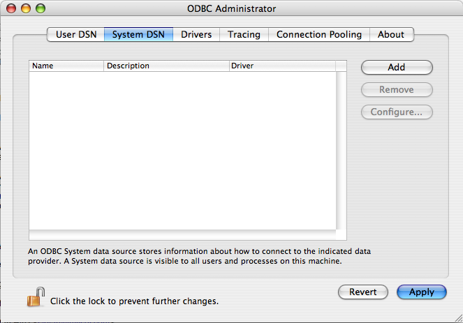 ODBC Administrator Main
              Panel Dialog