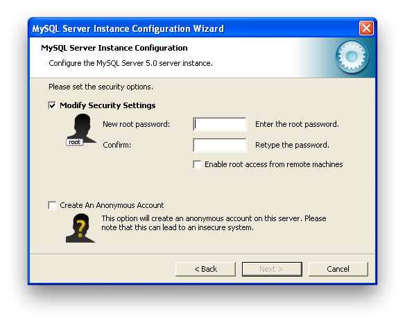 MySQL Server Instance Configuration
            Wizard: Security