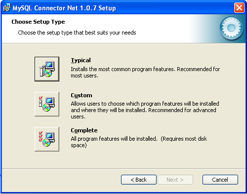 Connector/NET Windows Installer -
                Installationstyp 